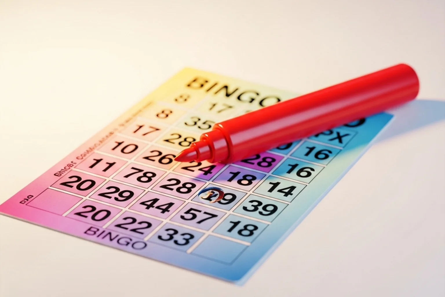 Colourful bingo card with a dauber marker on a brightly lit table