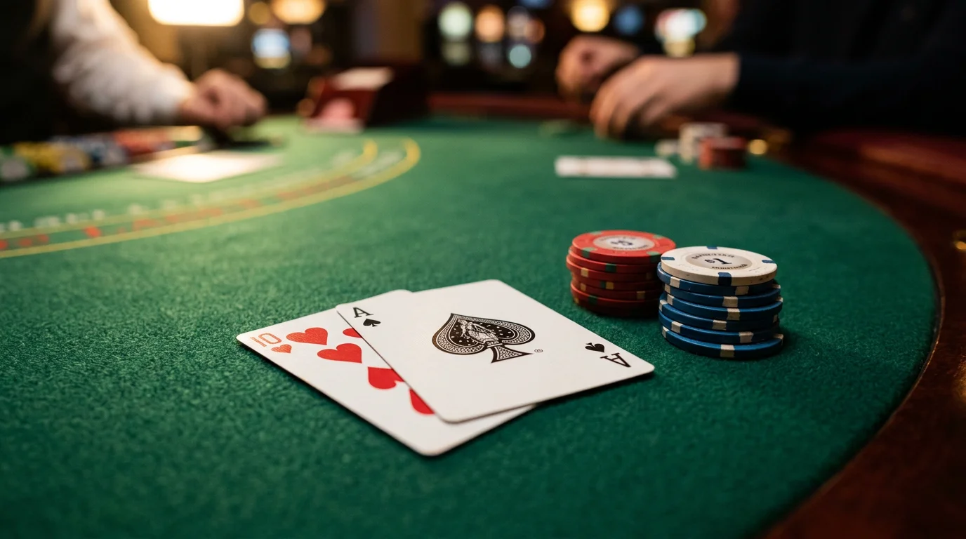 Close-up of a blackjack hand with an ace and a ten on green felt
