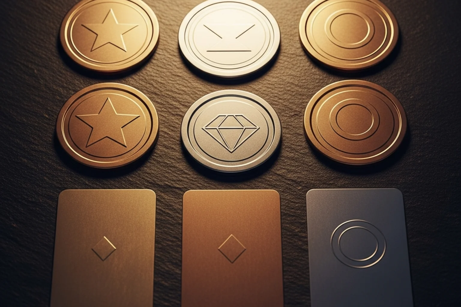 Assorted casino bonus vouchers and free spin tokens arranged on a dark surface