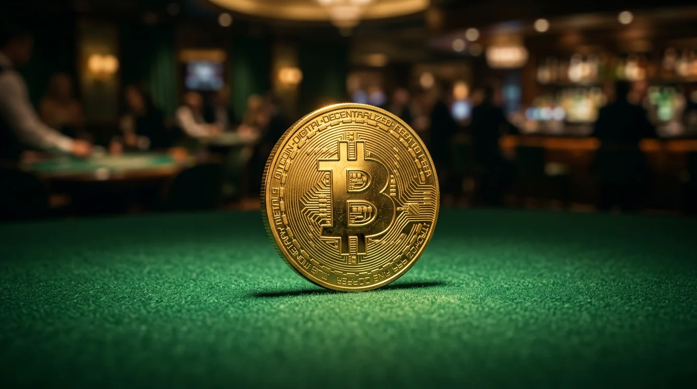 Gold Bitcoin coin on a green felt table with warm overhead lighting