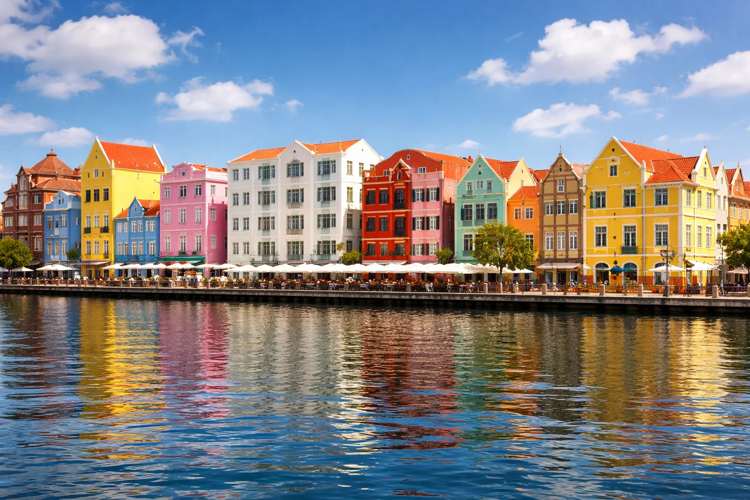 Curaçao harbour waterfront with colourful buildings under a clear blue sky