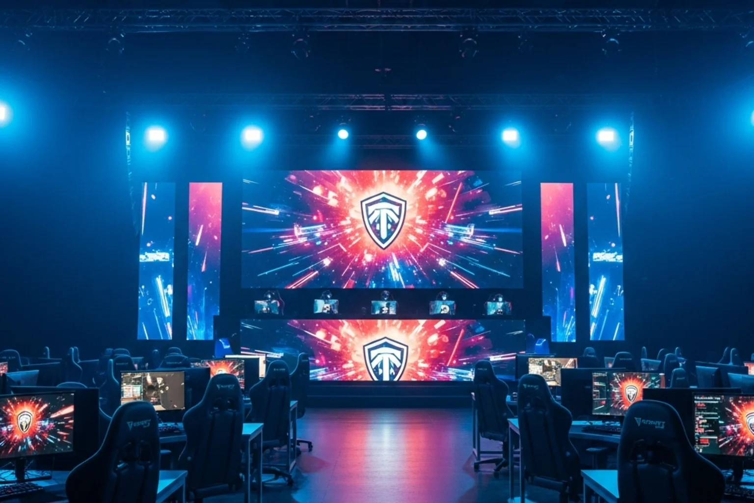 Esports arena with a large screen showing a competitive gaming match