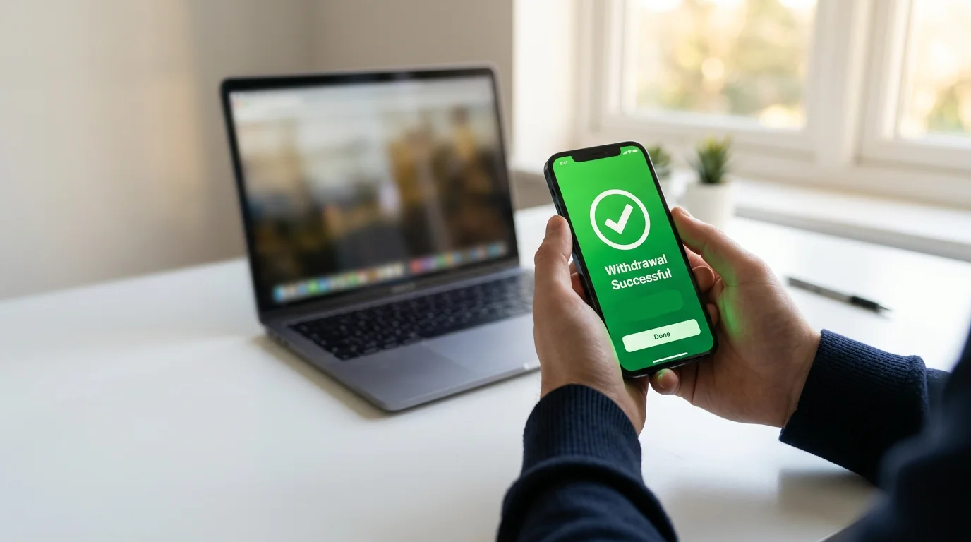 Person receiving a phone notification about a successful casino withdrawal on a laptop background