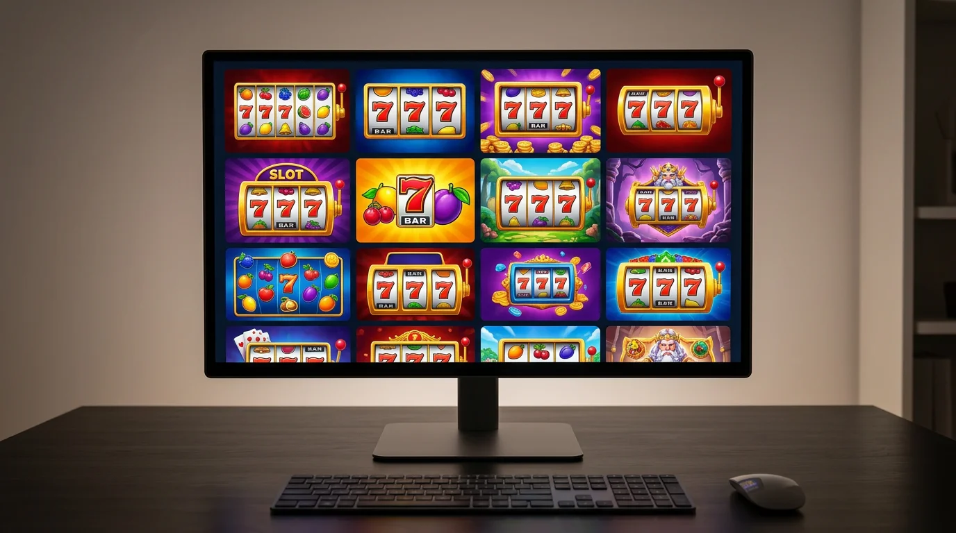Row of colourful slot game thumbnails displayed on a widescreen monitor