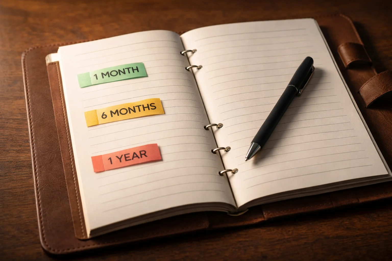 Open planner with three highlighted time periods and a pen on a wooden desk