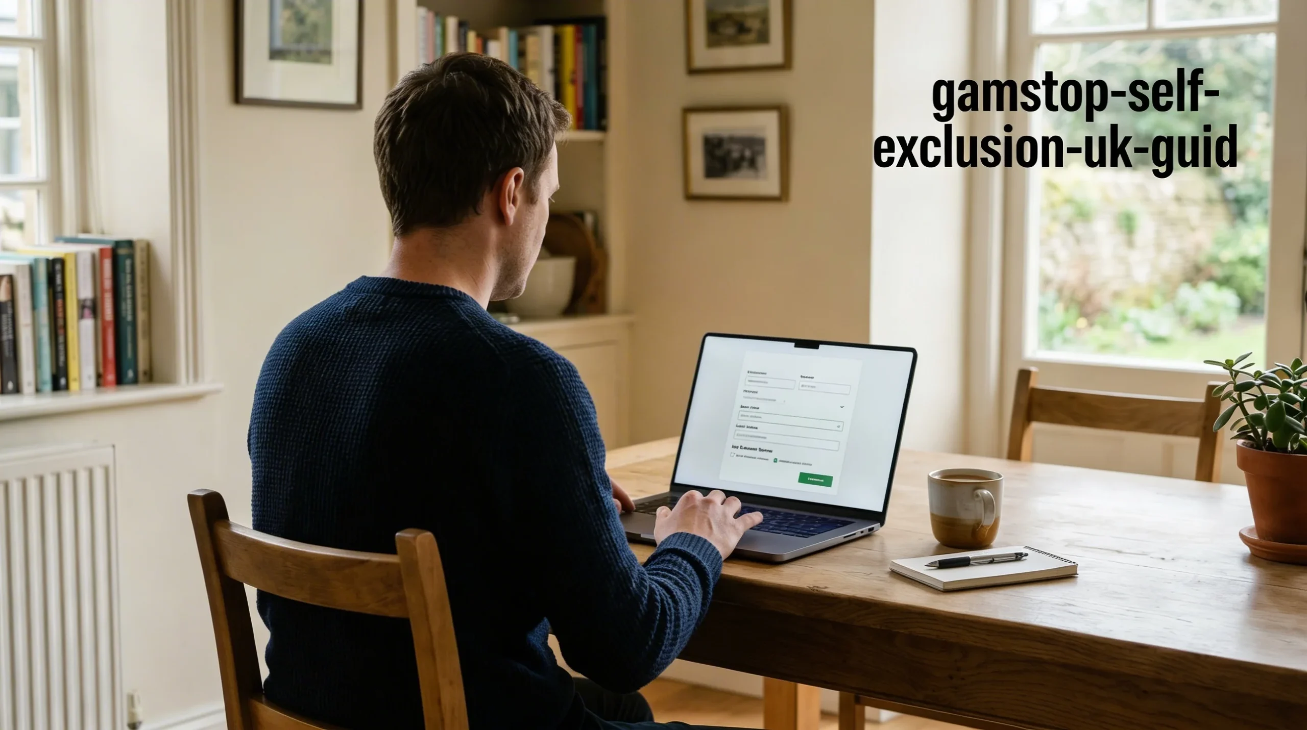 Person registering for GamStop self-exclusion on a laptop in a calm home setting