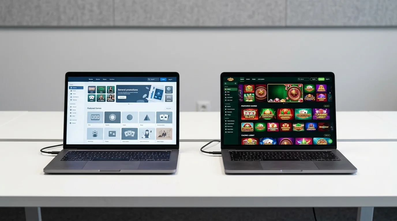 Two side-by-side laptop screens showing different online casino interfaces