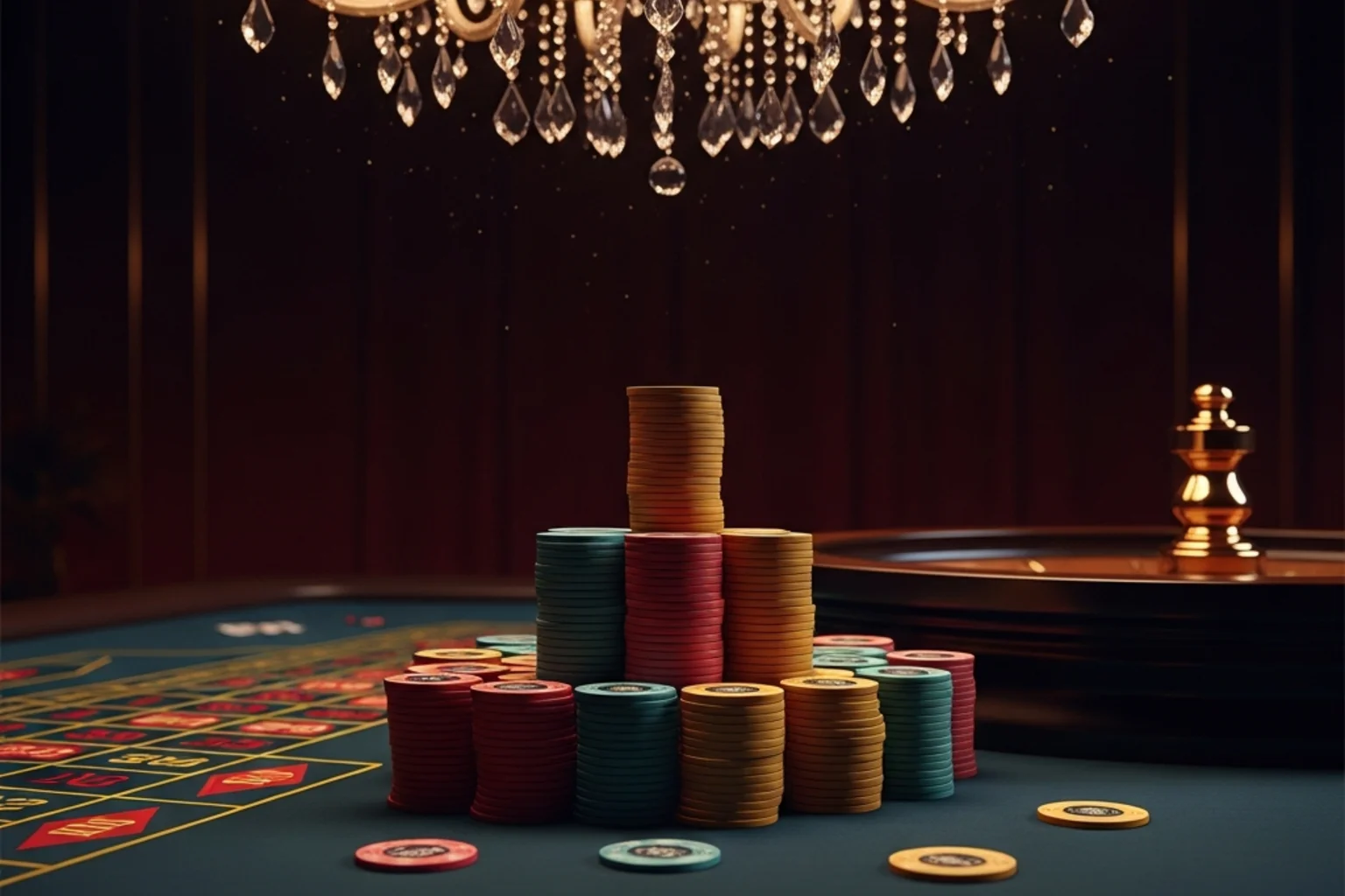 Exclusive VIP roulette table with stacked chips under elegant chandelier lighting
