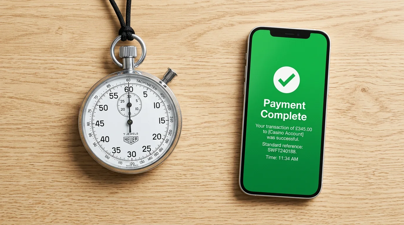 Stopwatch on a desk next to a smartphone showing a completed withdrawal notification