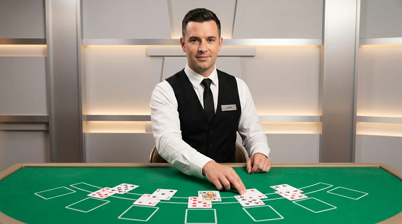 Professional live dealer at a blackjack table in a brightly lit studio