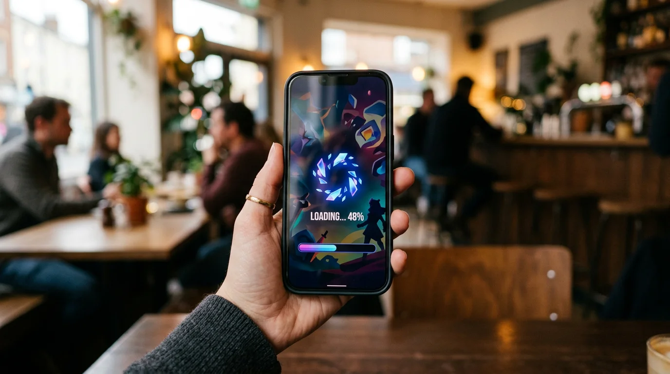 Person holding a smartphone with a casino game loading screen in a café