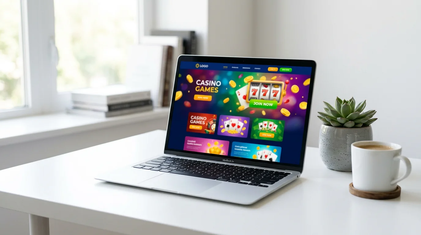 Modern laptop showing a freshly launched online casino homepage on a clean desk