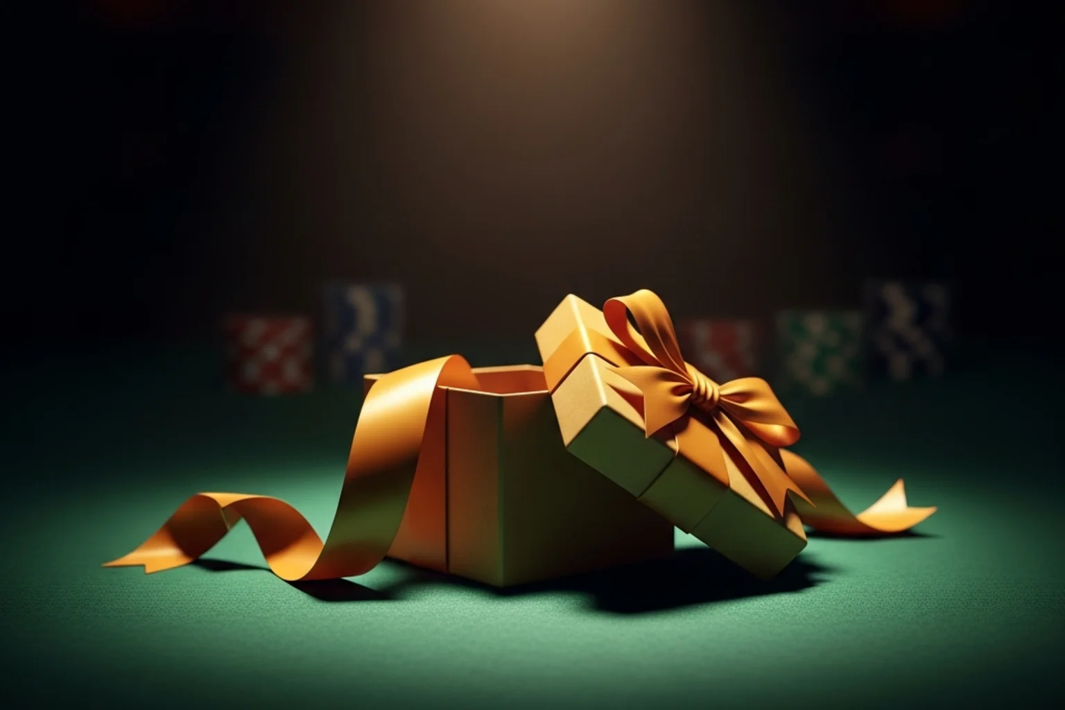 Gift box with a golden ribbon opening on a casino table with soft spotlight