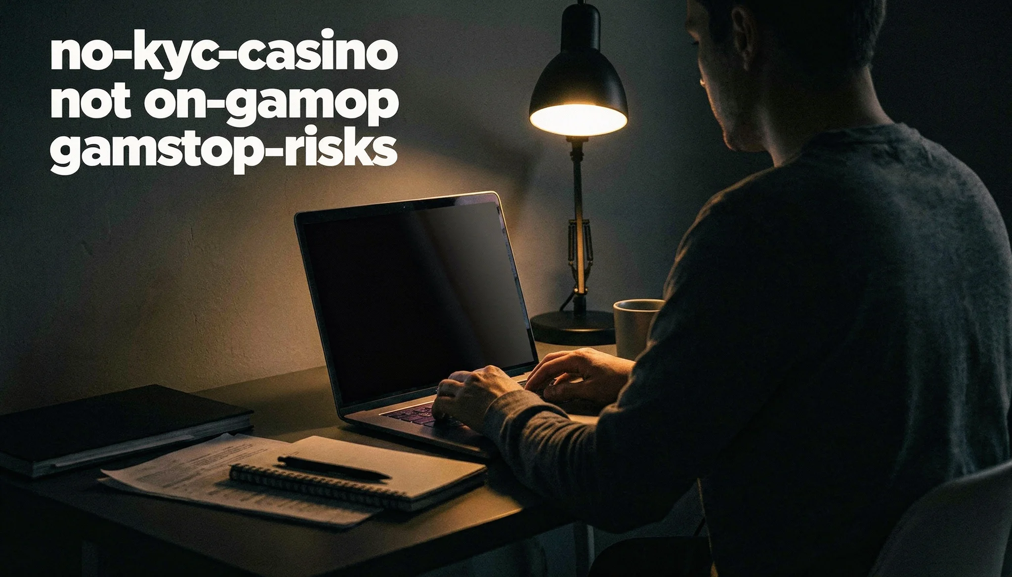 Person using a laptop with a privacy shield screen in a dimly lit room