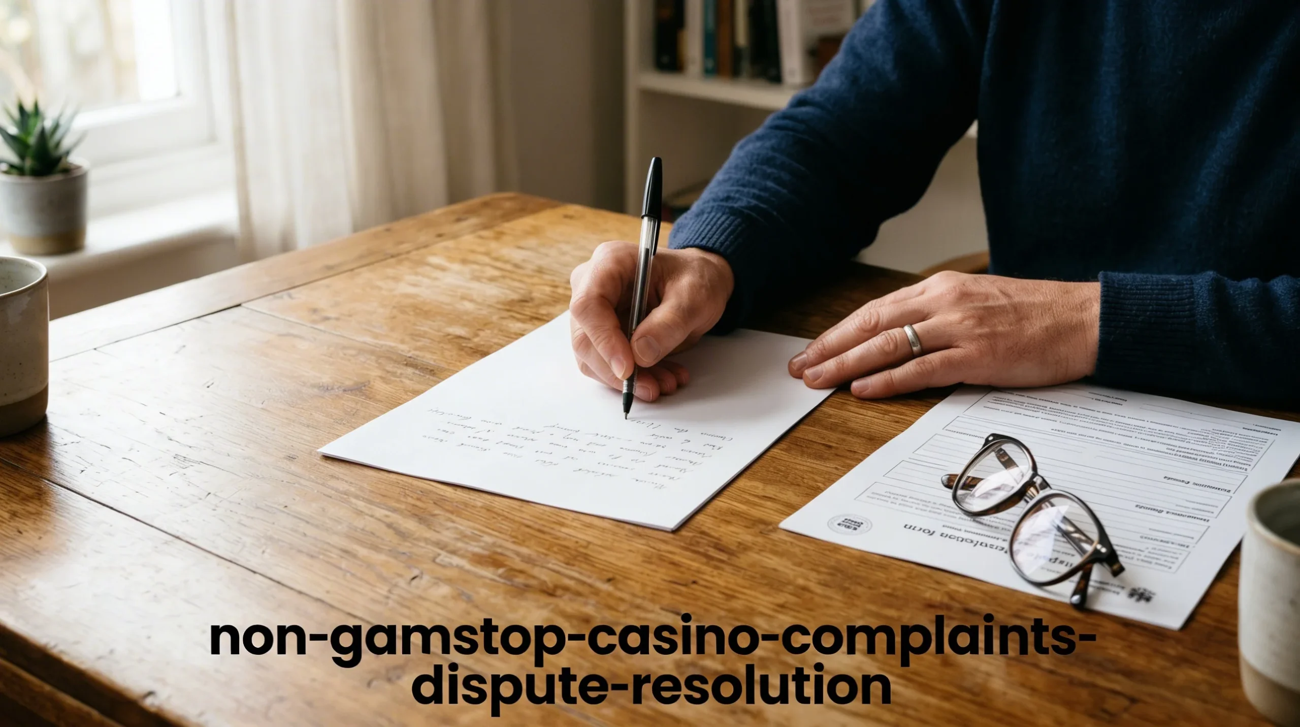 Person writing a formal complaint letter at a desk with printed documents