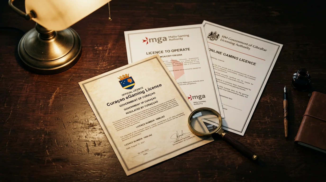 Three offshore casino licence documents from Curaçao, Malta and Gibraltar on a dark desk
