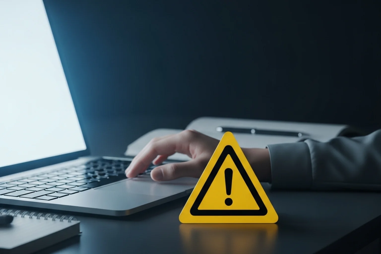 Warning sign on a desk beside an open laptop with a serious-toned workspace