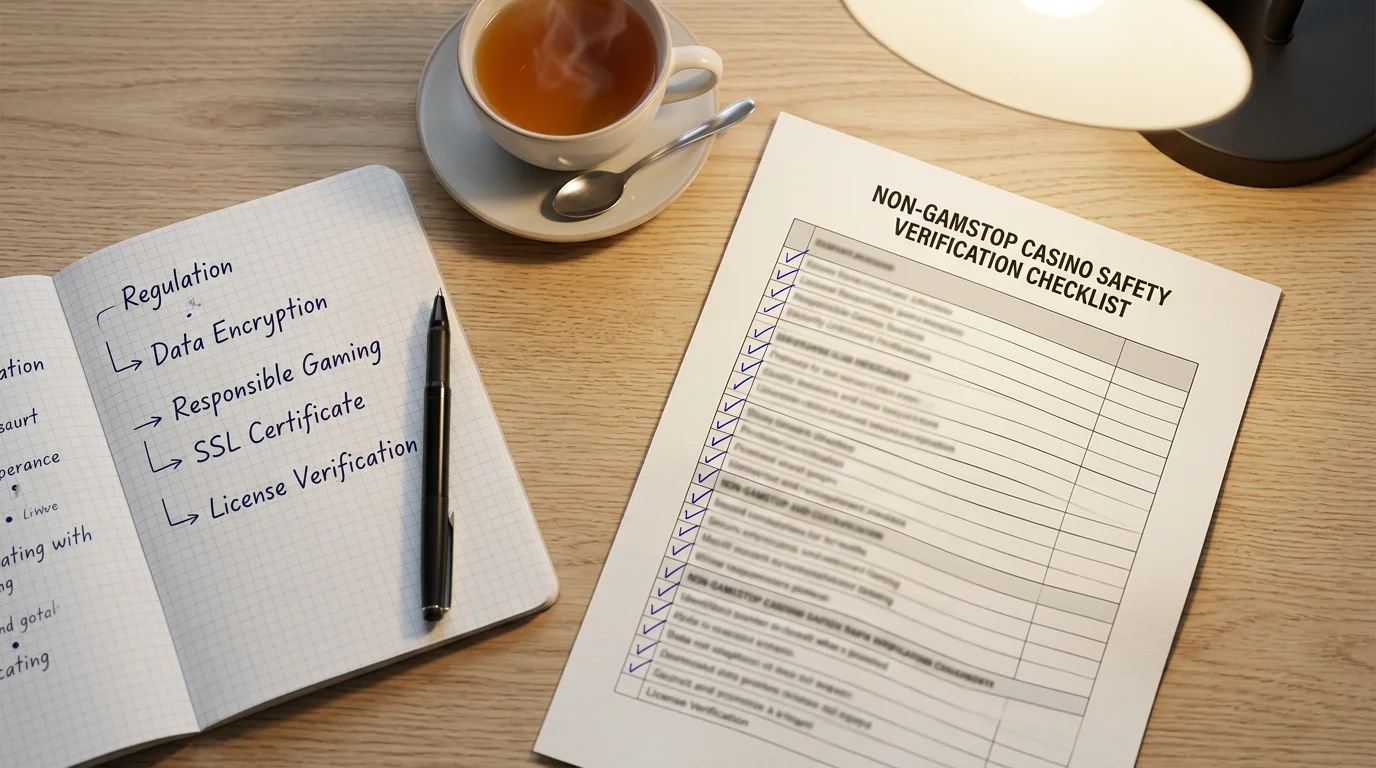 Person reviewing an offshore casino safety checklist document at a desk with a notebook