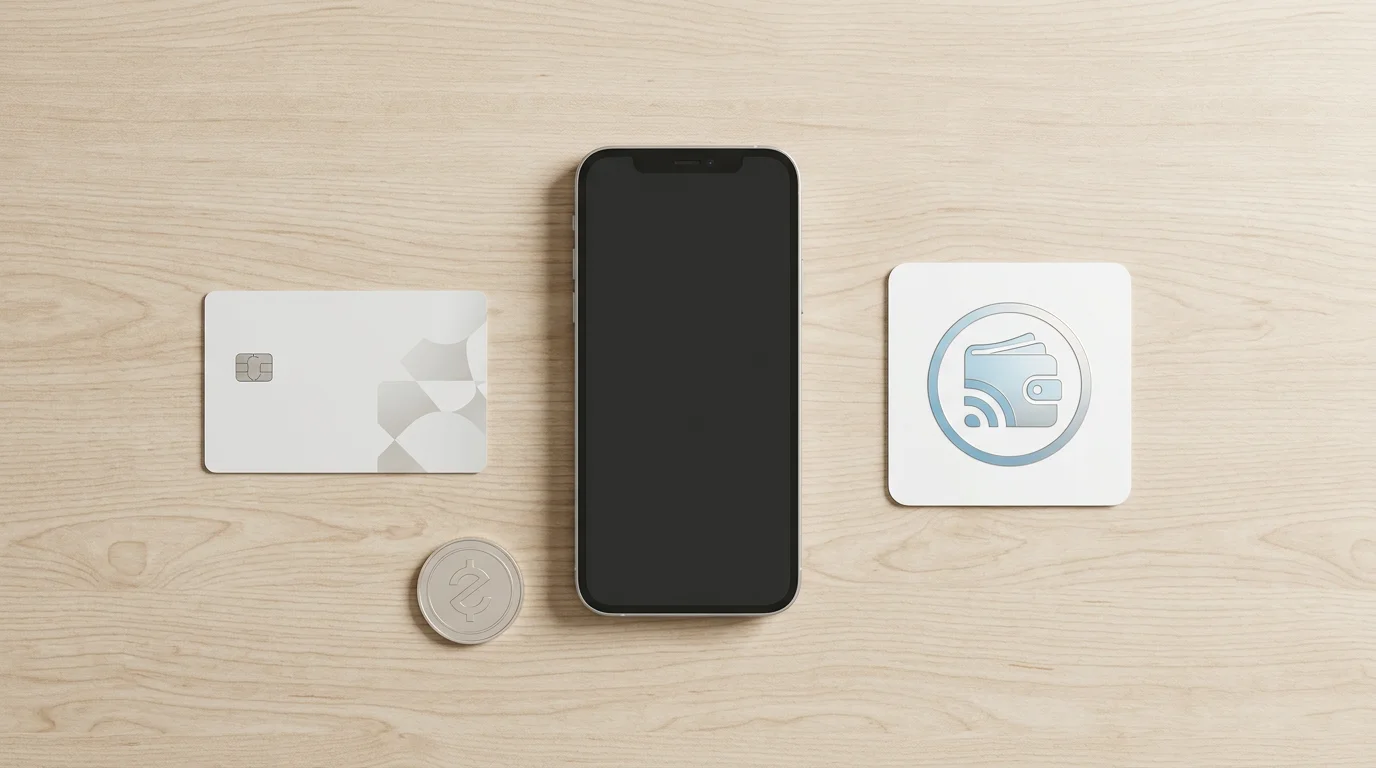 Spread of payment method cards and e-wallet logos on a desk next to a smartphone