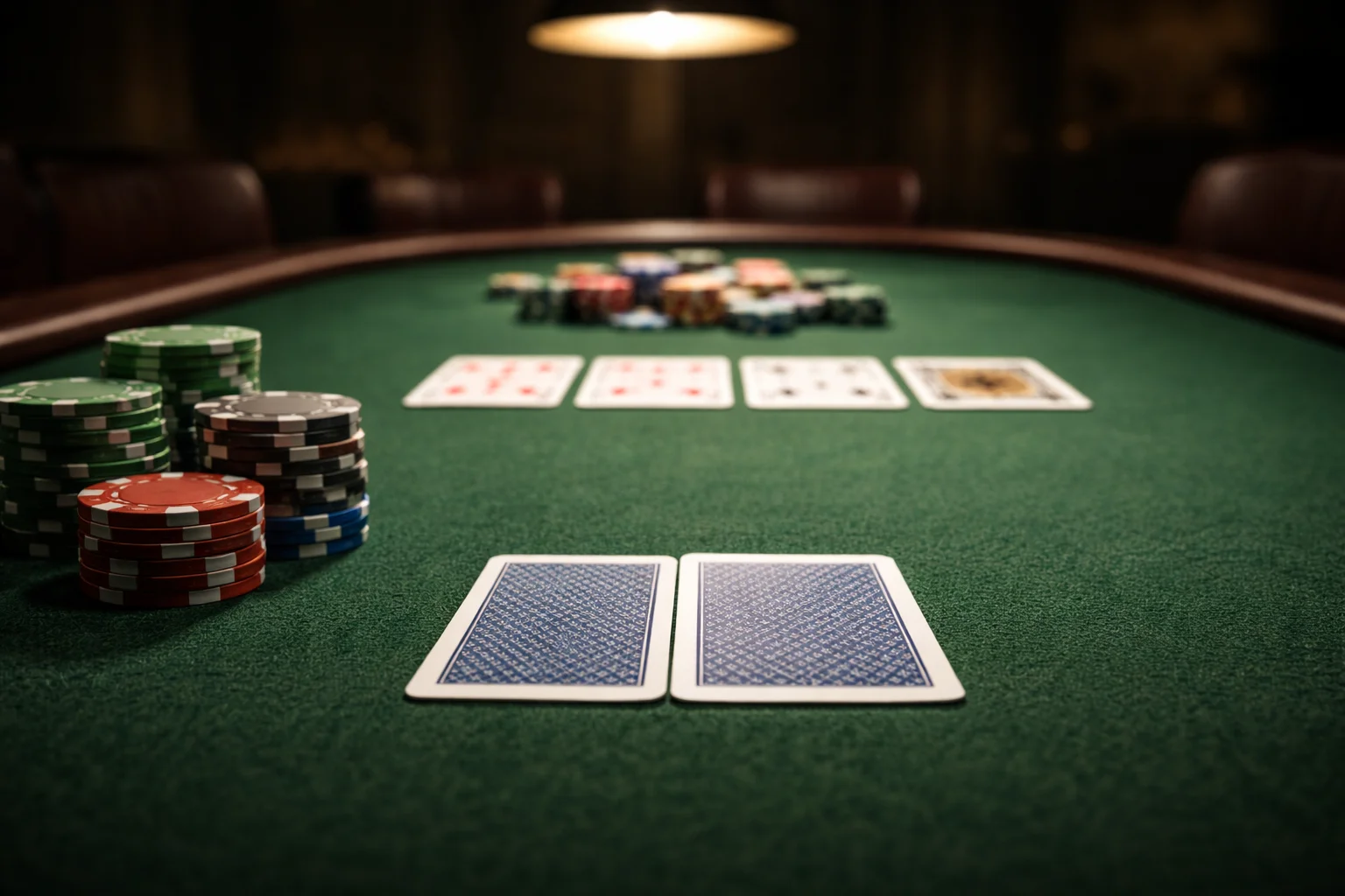 Poker table with dealt cards and neatly stacked chips viewed from a player seat