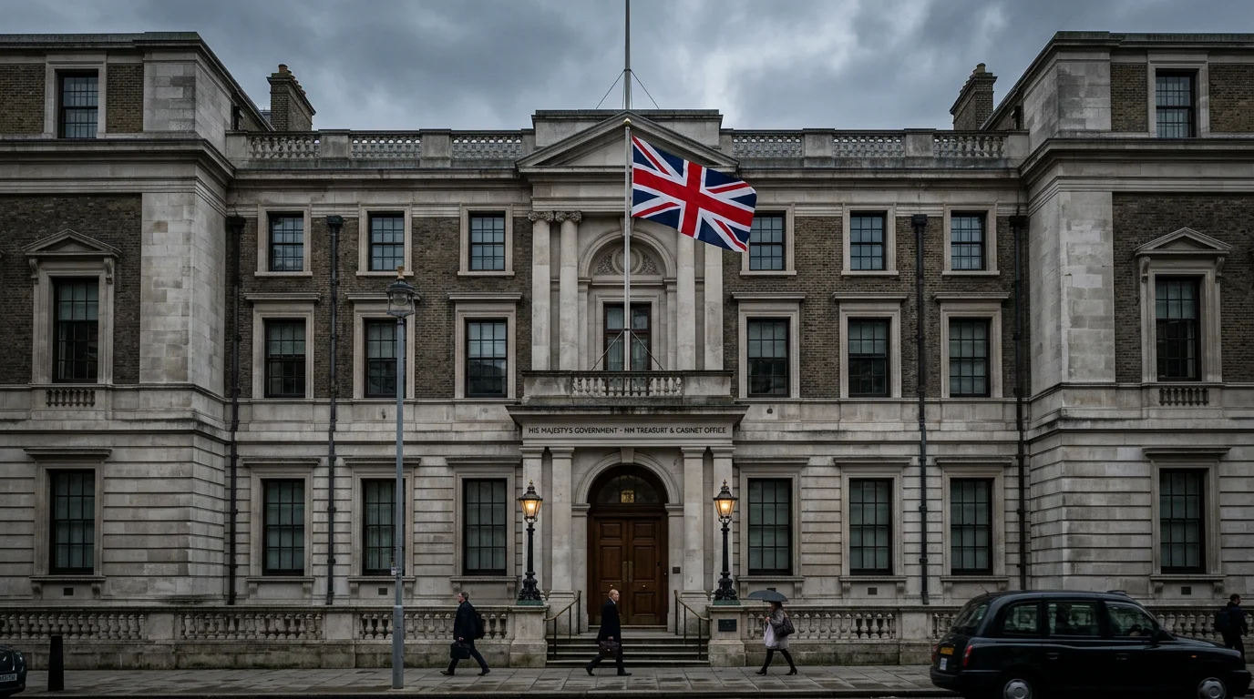 HMRC office building exterior with the UK flag under an overcast sky