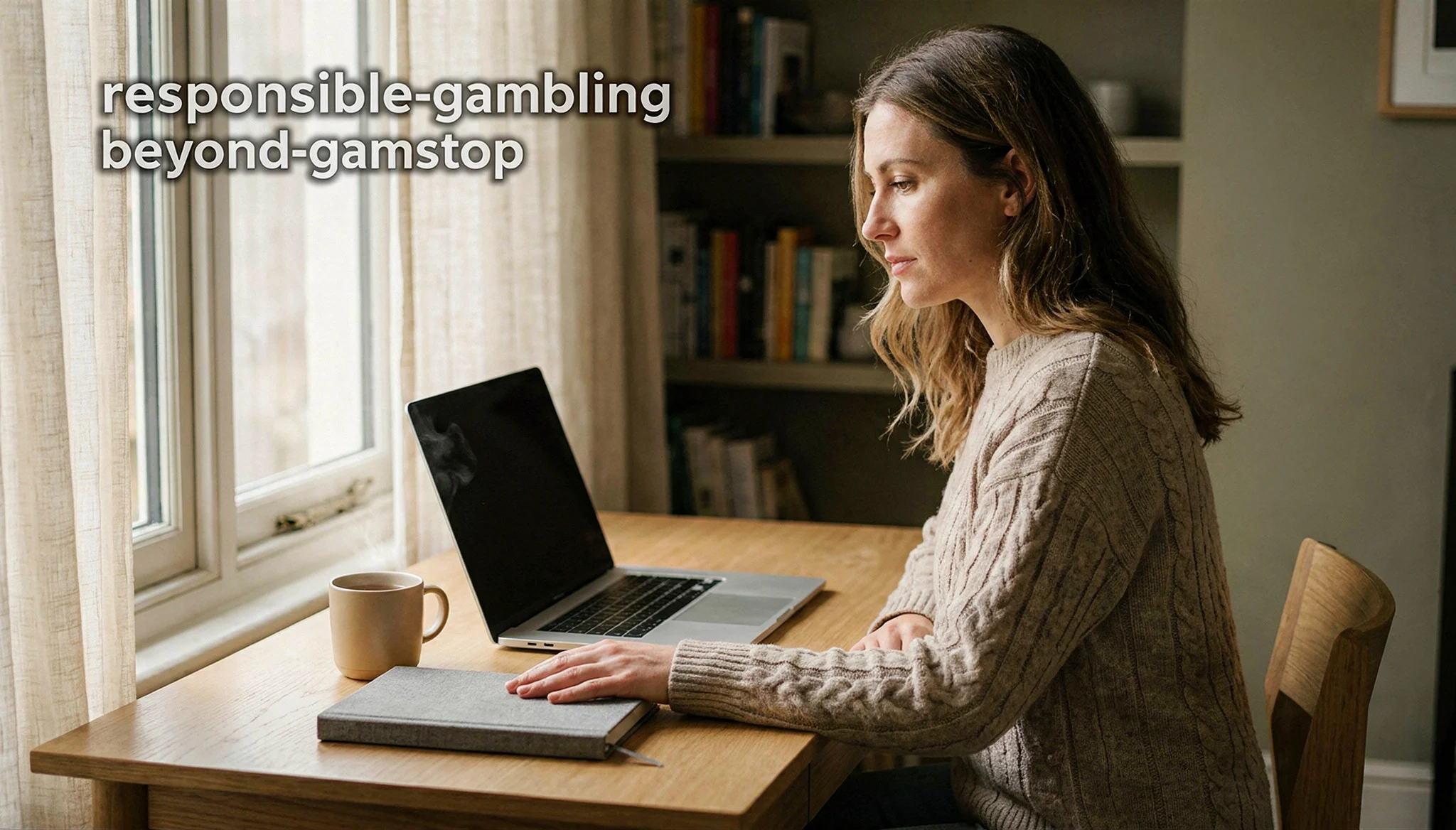 Person sitting at a desk with a notebook and a cup of tea, pausing thoughtfully before a laptop screen