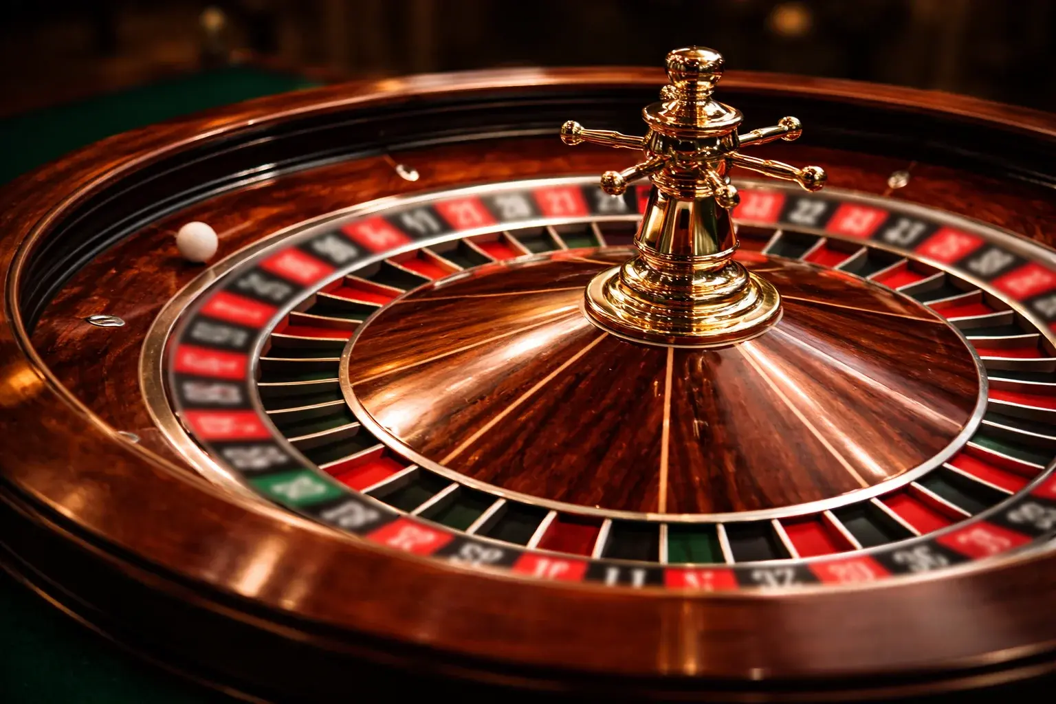 European roulette wheel spinning with a white ball in motion under warm light
