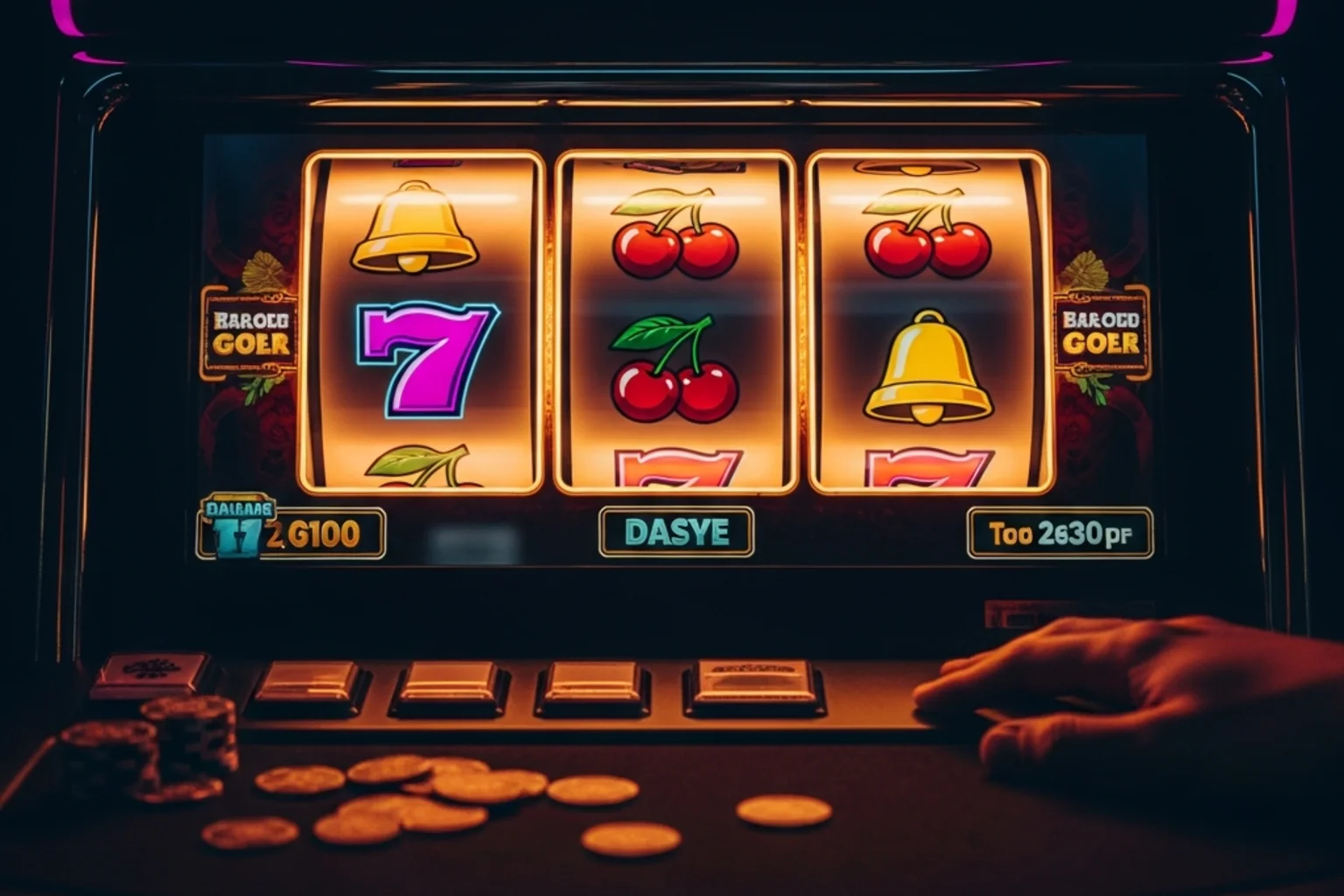 Close-up of a glowing online slot machine screen with colourful reels in a dimly lit room