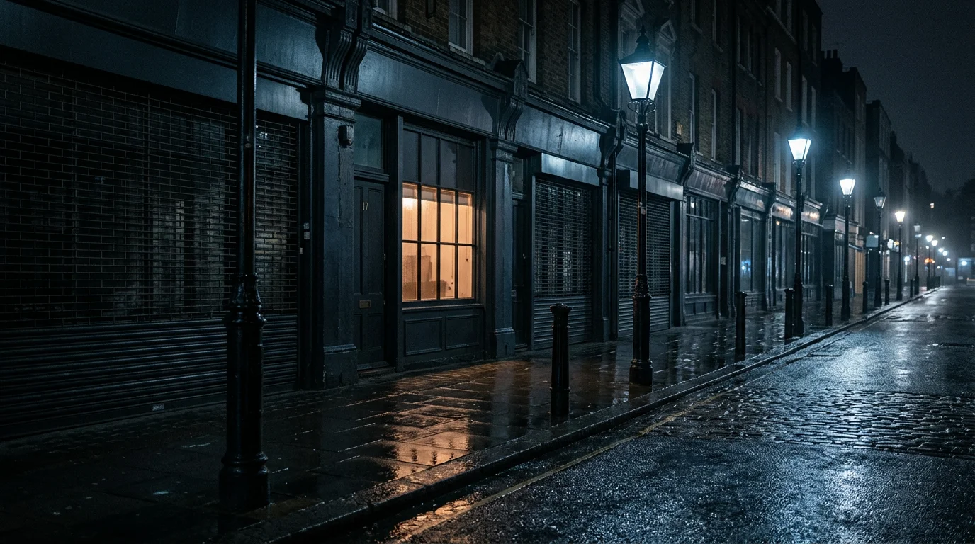 Dimly lit street view of London at night with a faint glow from a shop window