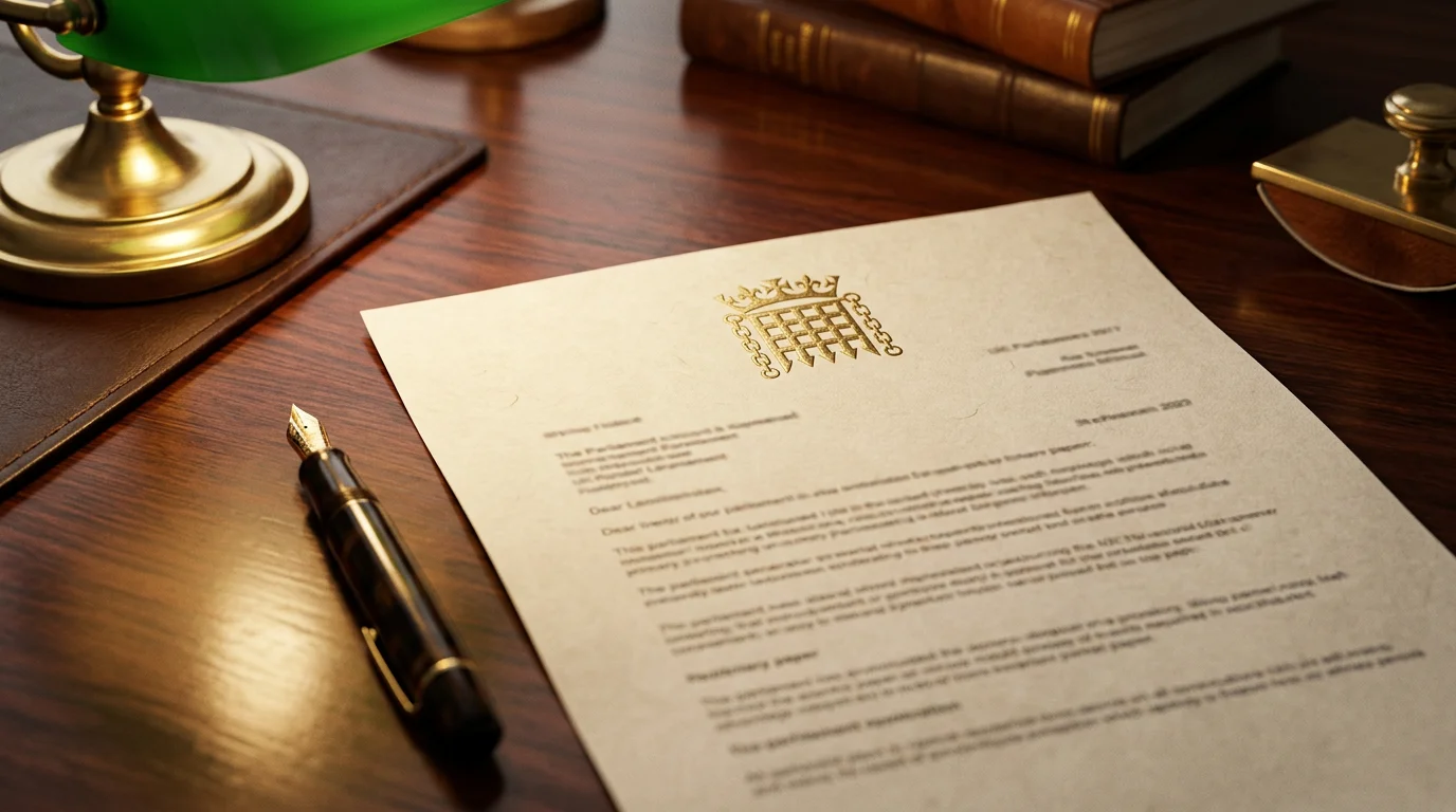 Official document with the UK Parliament portcullis emblem on a polished desk