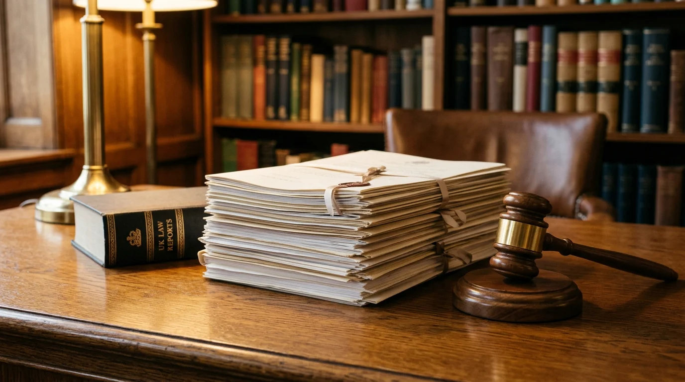 Stack of UK legal documents and the Gambling Act beside a gavel on an oak desk