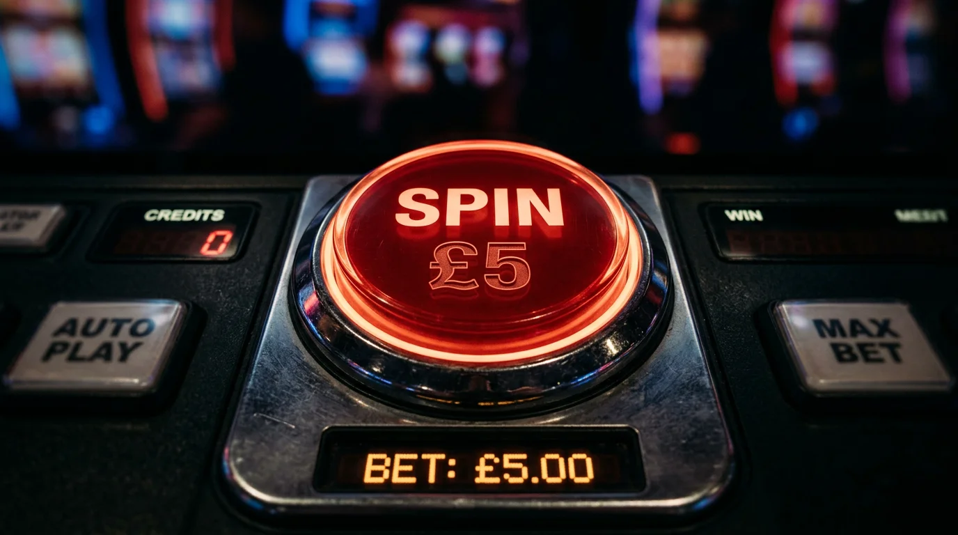 Close-up of a slot machine spin button with a £5 symbol overlay