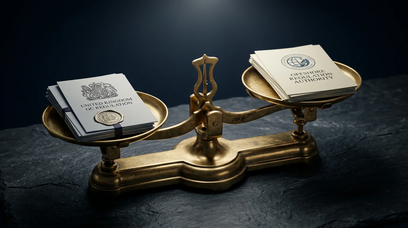 Two stacks of regulatory documents side by side under a balanced scale symbolising UKGC and offshore regulation