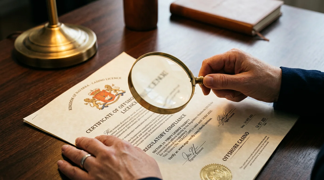 Person checking a licence certificate with a magnifying glass at a tidy desk